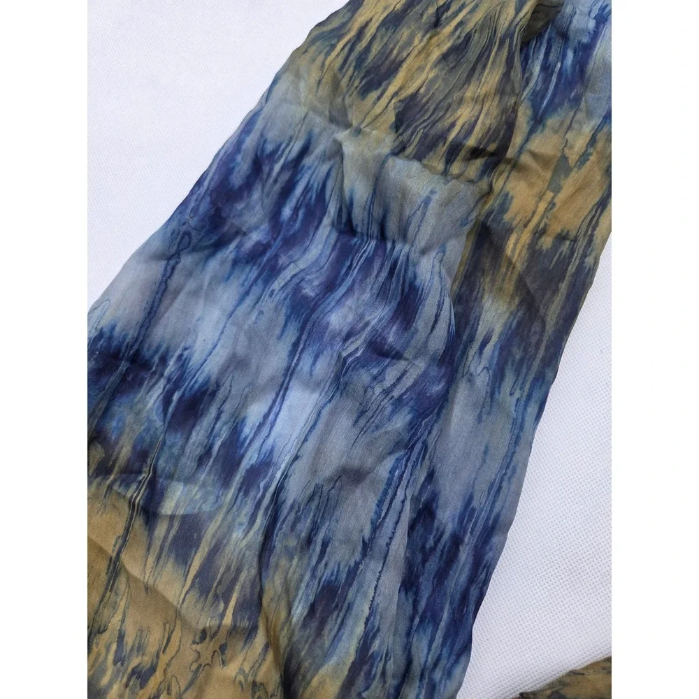 Blue Gold Abstract Tie Dye 100% Silk Scarf Long Sheer Made in India 21x72